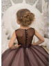 Chocolate Lace Tulle Horsehair Hem Pearl Buttons Back Flower Girl Dress